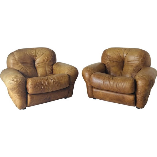 Pair of vintage Sapporo leather armchairs by Mobil Girgi, Italy 1970s