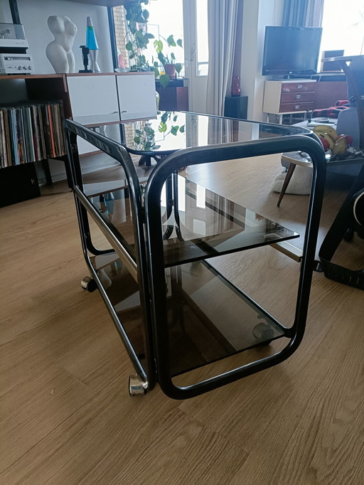 Vintage Serving Cart / Television Cabinet Smoked Glass And Metal