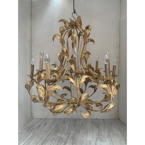 Image 1 of Florentine Art Gold Handmade Painted Metal 10 Light Wrought Iron Chandelier, Made In Italy