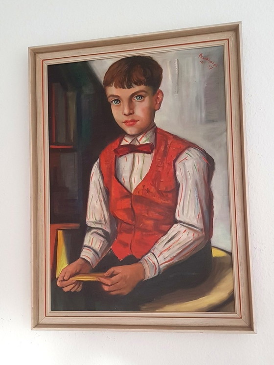 Image 1 of Boy With Bow Tie Oil Painting, 1957