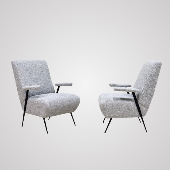 Image 1 of Pair of vintage armchairs in wool and black lacquered metal, Italy 1950