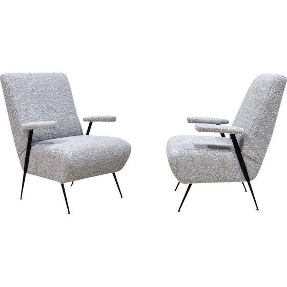 Image 1 of Pair of vintage armchairs in wool and black lacquered metal, Italy 1950