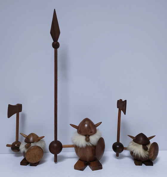 Image 1 of Three Wooden Vikings Scandinavian Design 70's