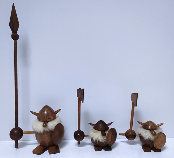 Image 1 of Three Wooden Vikings Scandinavian Design 70's