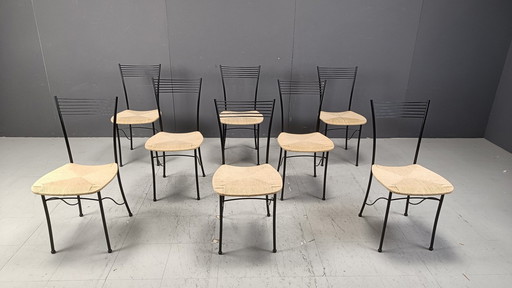 Sillas de comedor vintage de bistró italiano y cuerda de papel, década de 1980