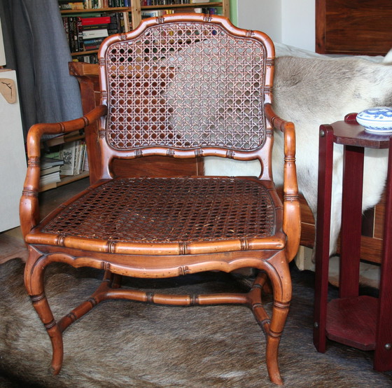 Image 1 of French Provincial faux bamboo wooden armchair