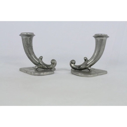 Pair of vintage art deco pewter candle holders by Gab, 1930