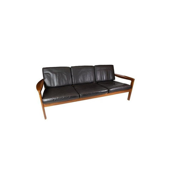 Image 1 of Vintage teak three seater sofa and upholstered with black leather by Arne Vodder 1960s