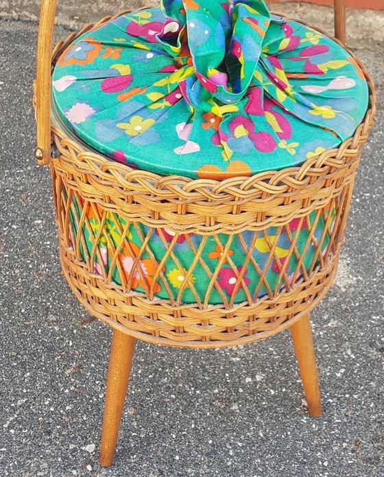 Image 1 of Wicker Sewing Basket With Flower Fabric, 1950S