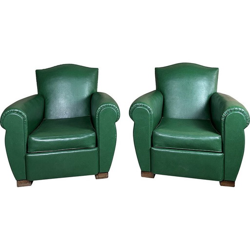 Pair of vintage armchairs in dark green skai, 1950
