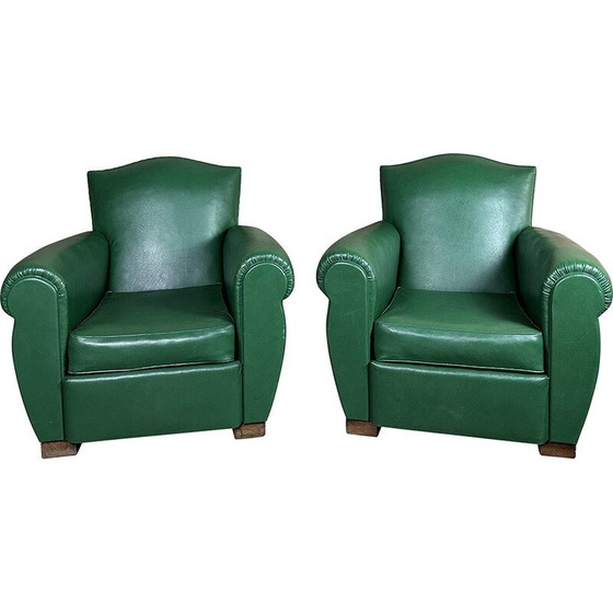Image 1 of Pair of vintage armchairs in dark green skai, 1950