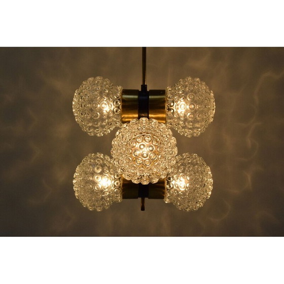 Image 1 of Lampadario vintage in vetro, metallo e ottone di Napako, Cecoslovacchia, 1960