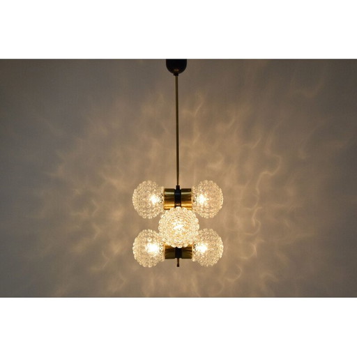 Vintage glass, metal and brass chandelier by Napako, Czechoslovakia 1960