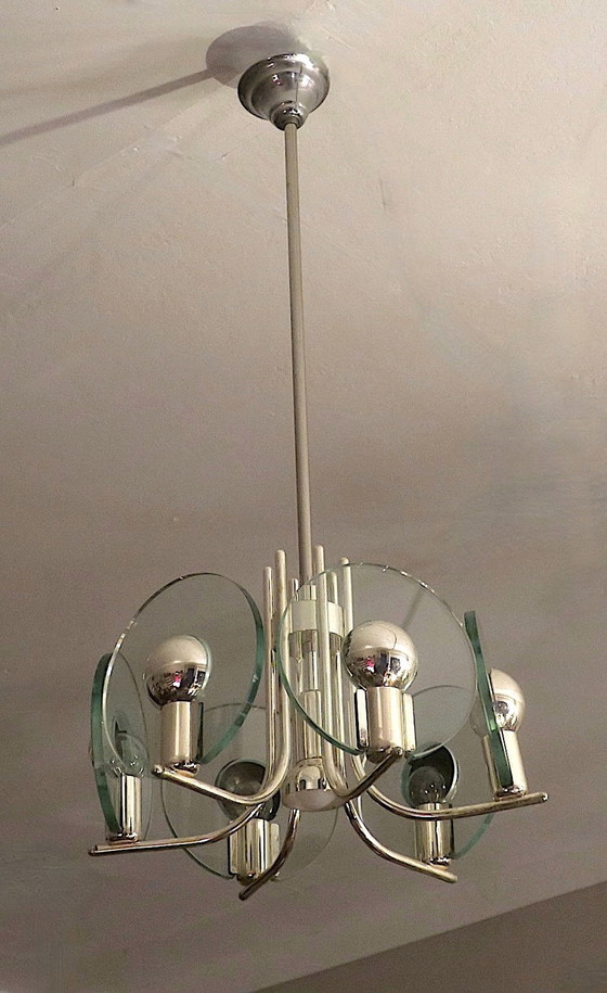 Image 1 of Silver Plated Chandelier With 6 Cut Glass Discs, Italy, 1960S