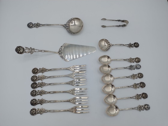 Image 1 of Silver cake cutlery, Hildesheimer Rose, 16-piece, Germany,