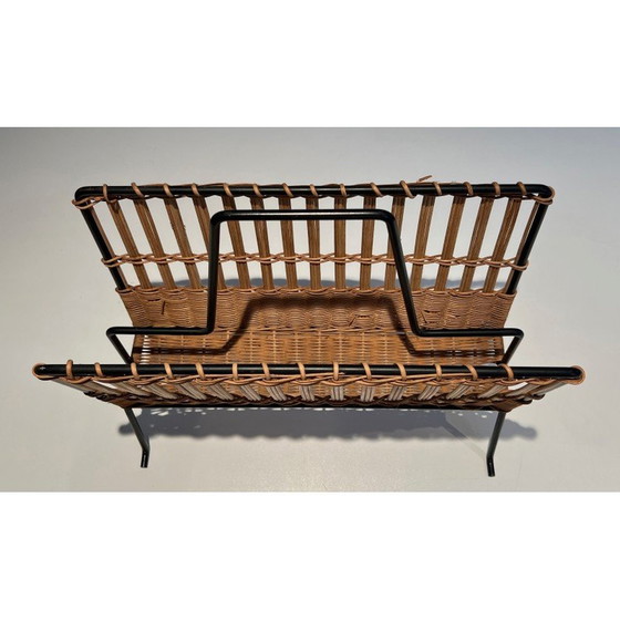 Image 1 of Vintage magazine rack in black lacquered metal and rattan, 1940
