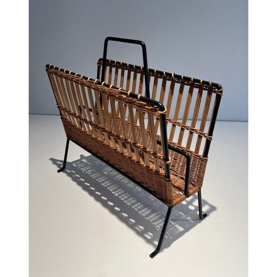 Image 1 of Vintage magazine rack in black lacquered metal and rattan, 1940