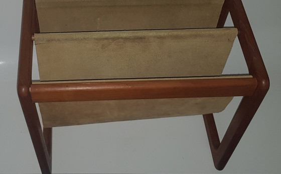 Image 1 of Danish Teak Newspaper Stand With Suede Pockets