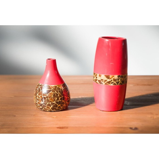 Image 1 of Pair of vintage terracotta vases with inlaid mosaic, 1970-180
