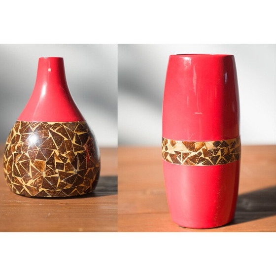 Image 1 of Pair of vintage terracotta vases with inlaid mosaic, 1970-180