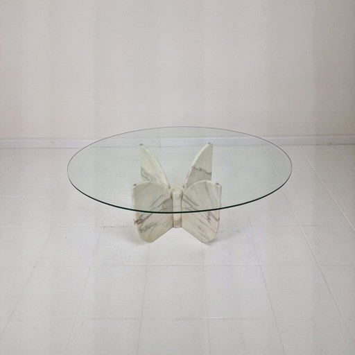 Italian "Flower" Coffee Table In Marble With Facet Cut Oval Plate, 1970S