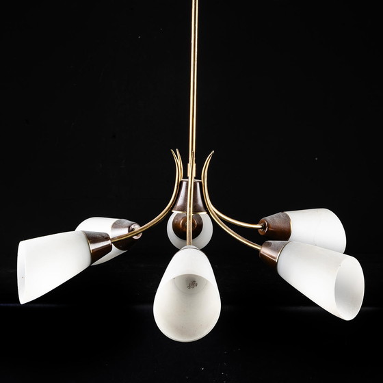 Image 1 of Scandinavian suspension lamp in brass and glass - 6 heads