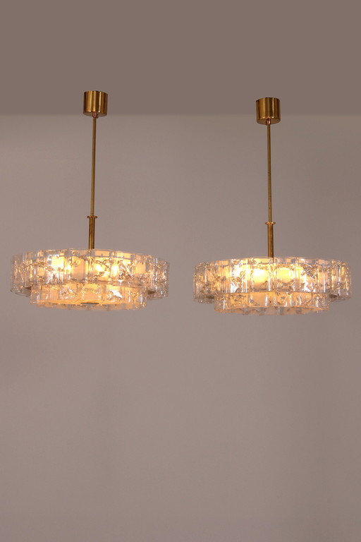 "Pair Of Doria Leuchten Mid-Century Brass & Crystal Chandeliers, 1960S"