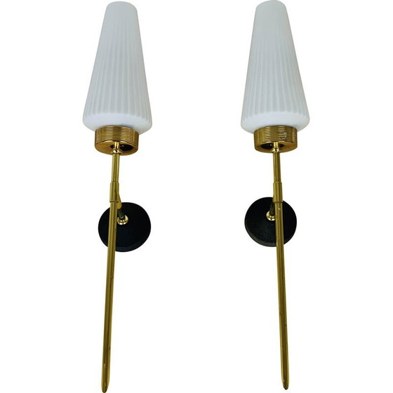 Image 1 of Coppia di lampade da parete vintage in ottone e opalino, anni '50