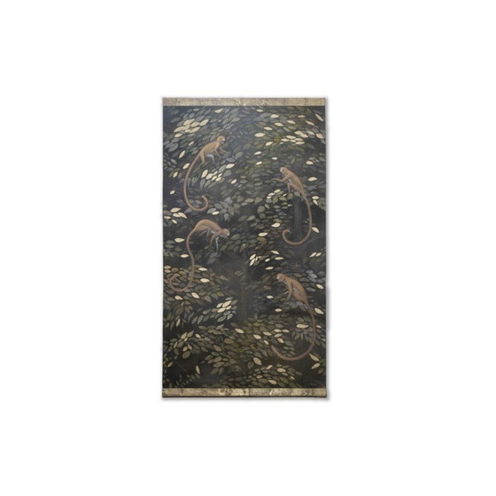 Image 1 of Vintage painting representing 4 chimpanzees on the branches of a tree and on a background