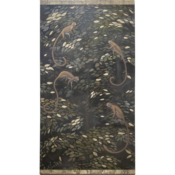 Image 1 of Vintage painting representing 4 chimpanzees on the branches of a tree and on a background
