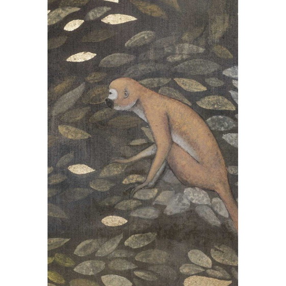 Image 1 of Vintage painting representing 4 chimpanzees on the branches of a tree and on a background