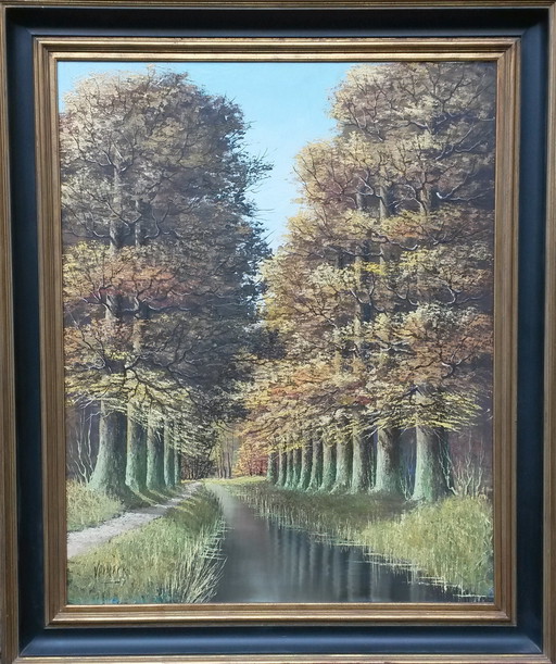 Oil painting with a row of trees on the water signed Verkerk