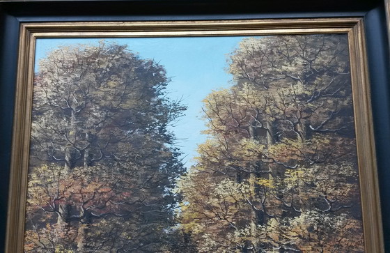 Image 1 of Oil painting with a row of trees on the water signed Verkerk