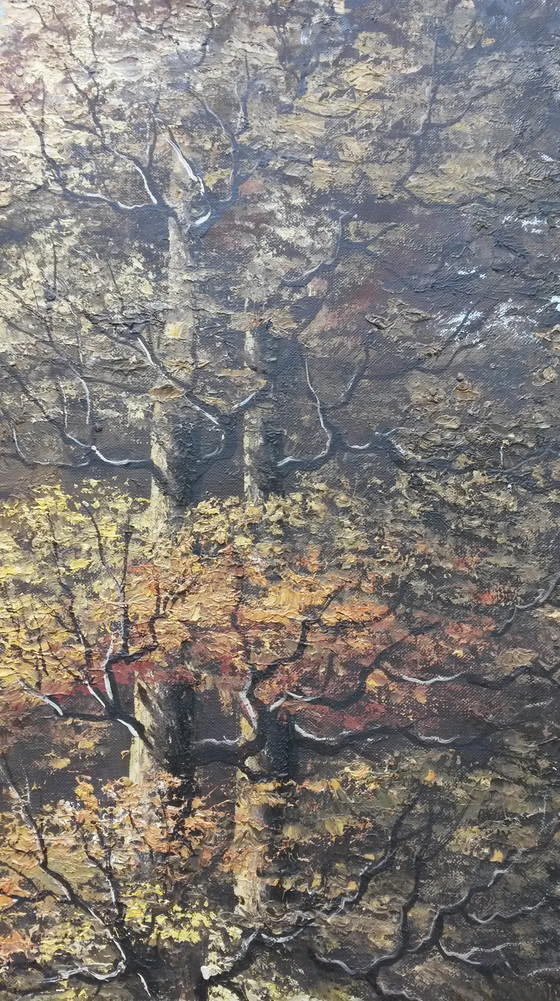 Image 1 of Oil painting with a row of trees on the water signed Verkerk