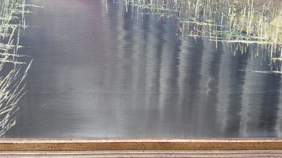 Image 1 of Oil painting with a row of trees on the water signed Verkerk