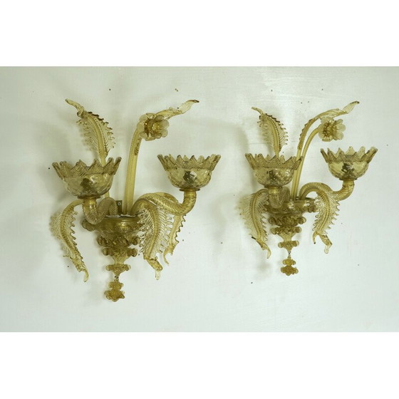 Image 1 of Pair of mid-century amber Murano glass wall lamps, 1940s