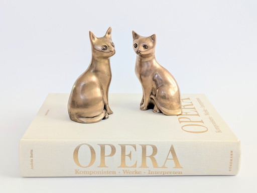 2 X Brass Cats | Midcentury Paperweight Figurines | 1960'S