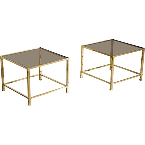Pair of vintage side tables in brass and smoked glass by Lefevre, France 1970