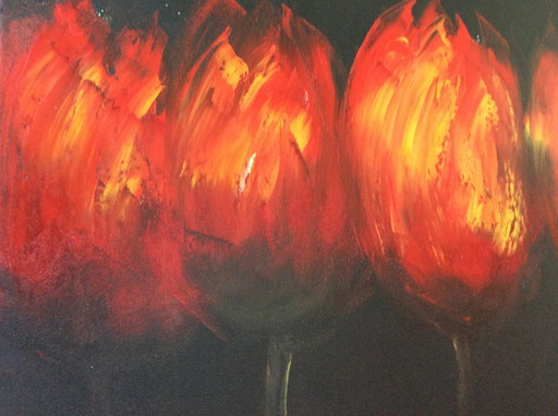 Painting with red tulips by Jochem de Graaf