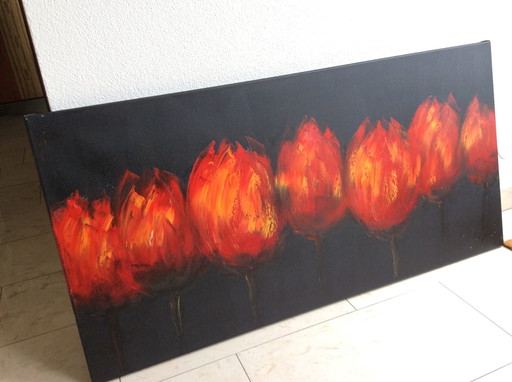 Painting with red tulips by Jochem de Graaf