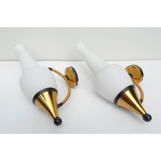 Image 1 of Pair of brass and opaline glass Stilnovo wall lamps - 1950s