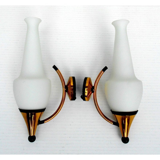 Image 1 of Pair of brass and opaline glass Stilnovo wall lamps - 1950s