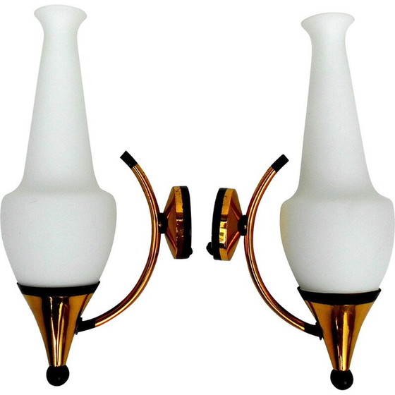 Image 1 of Pair of brass and opaline glass Stilnovo wall lamps - 1950s