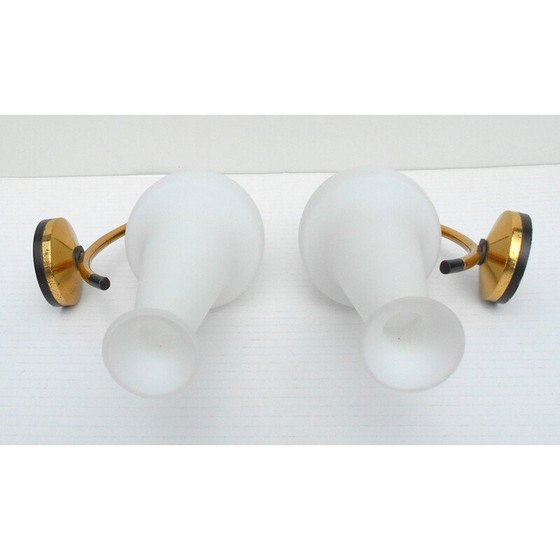 Image 1 of Pair of brass and opaline glass Stilnovo wall lamps - 1950s