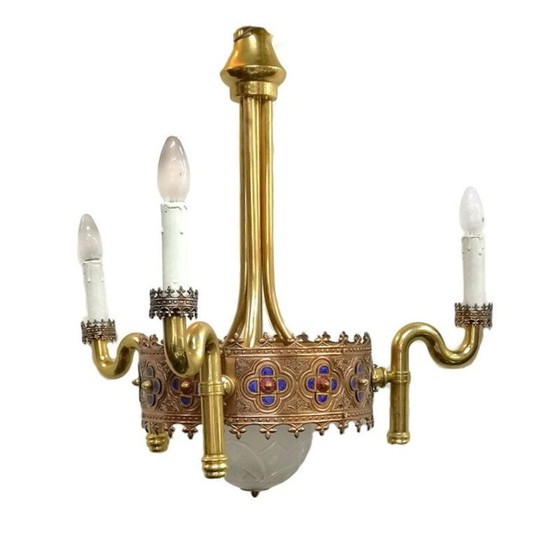 Image 1 of Vintage gold-plated 3-light chandelier by Jozsef Engelsz, 1970