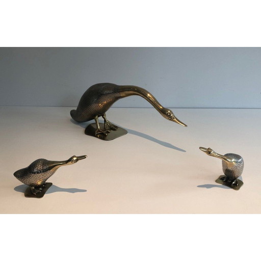 Set of 3 vintage silver and brass ducks, 1970
