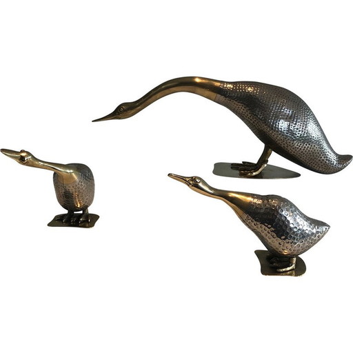 Set of 3 vintage silver and brass ducks, 1970