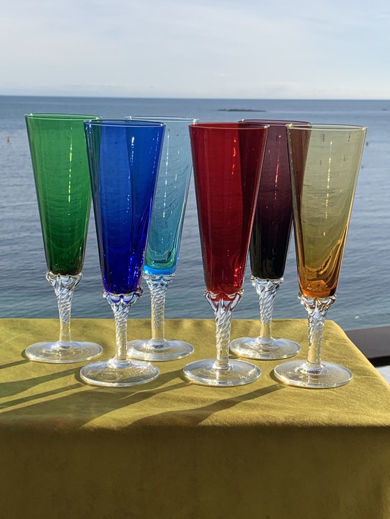 Image 1 of  6X Murano Hand Blown Colored Champagne Flutes