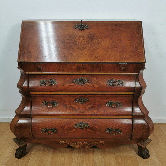 Image 1 of Antique, Baroque Walnut Belly Secretaire, Belly Cabinet, Chest of Drawers