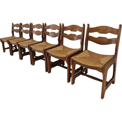 Set of 6 vintage oak razor blade chairs, France 1960